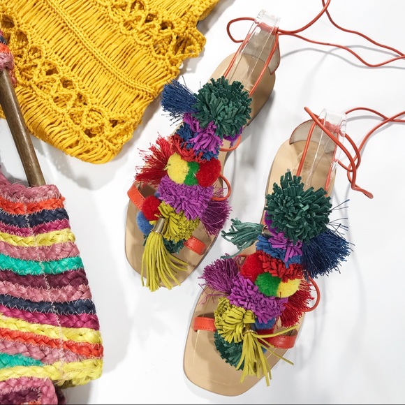 Zara Shoes - Zara Pom Pom Leather Sandals